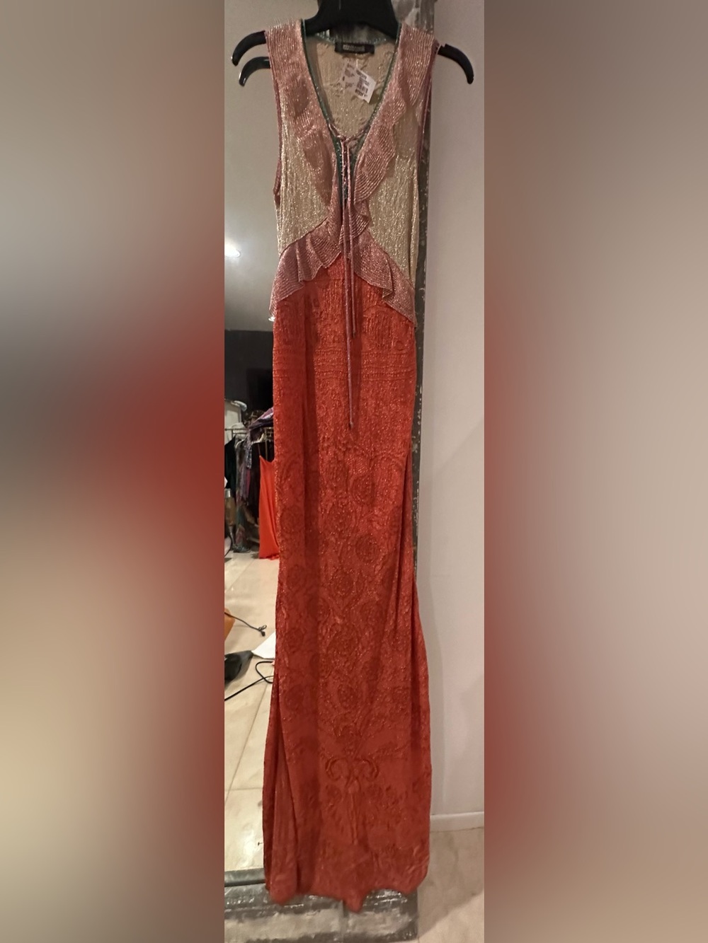Roberto Cavalli NWT Maxi gown Orange & Gold beaded lace up front NWT 2200$